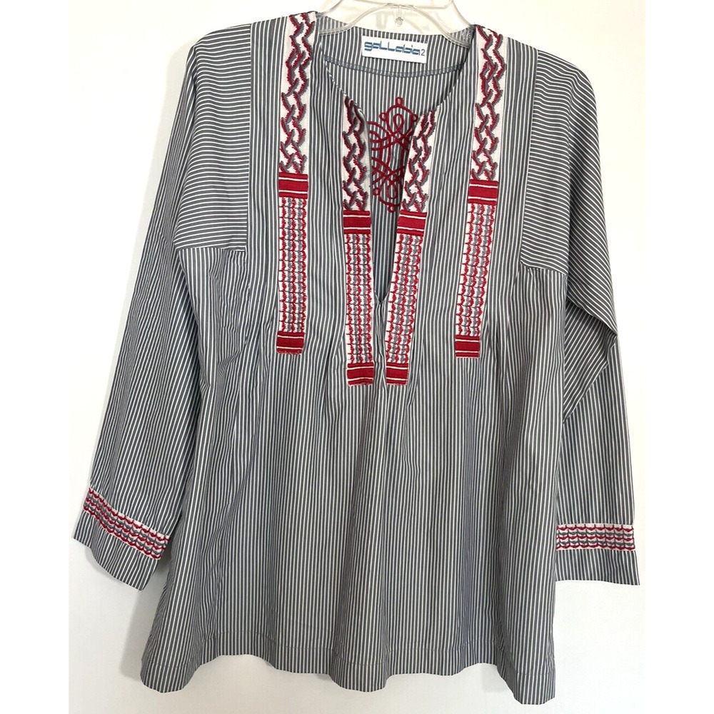 Striped Embroidered Blouse - Red and Black